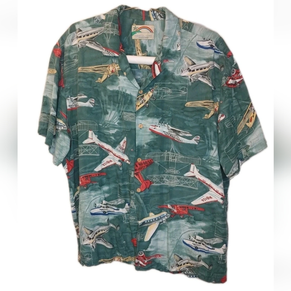 Paradise Found Pacific Airlines Hawaiian Shirt XL Airplanes Planes Green Avaitor